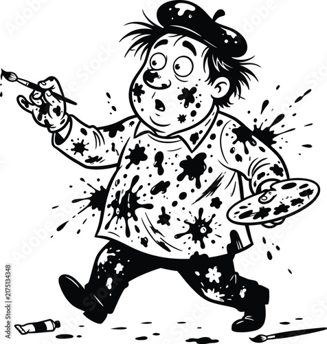 Messy cartoon artist covered in paint wearing beret vector line art