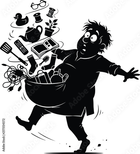 Stressed man carrying clumsy pile of household clutter vector