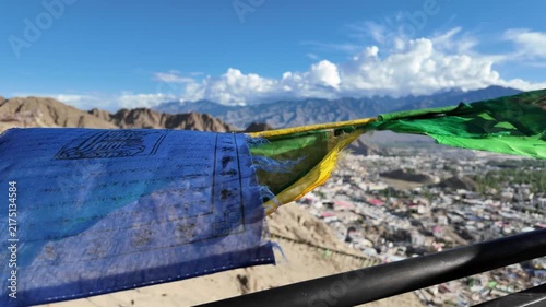 buddhist colourful tibtan praying flags waving in the wind in the Himalaya