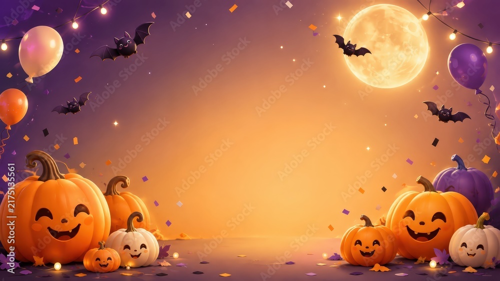 Fototapeta premium Cute Halloween Background with Smiling Jack O Lantern Pumpkins, Bats, Full Moon and Generous Copy Space