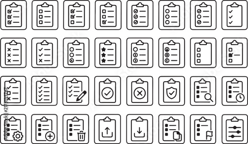 Set of line vector icons representing task lists, checklists, clipboards, and productivity management tools