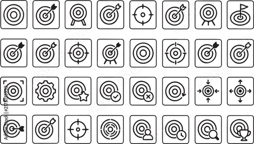 Minimalist target and goal line icons for business strategy success and objective tracking vector asset collection