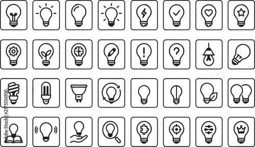Set of minimalist light bulb line icons representing ideas, innovation, energy, and solution concepts in rounded square buttons