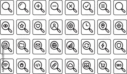 Minimalist vector search and magnifying glass UI icons set with thin lines