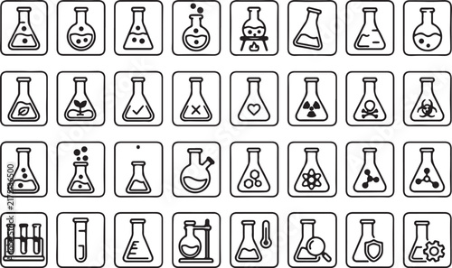 Comprehensive Set of Scientific Laboratory Glassware and Chemistry Research Equipment Icons for Educational and Professional Lab Use