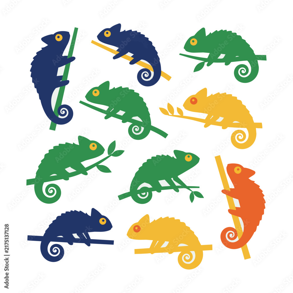 Obraz premium Stylized chameleon silhouettes in dynamic poses with flat geometric shapes and bold solid colors isolated on a white background, animal wildlife design concept
