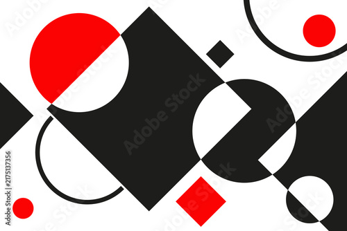 An abstract geometric composition in the style of suprematism and bauhaus, featuring a dynamic arrangement of bold red, black, and white shapes, including circles, squares, and overlapping clean lines