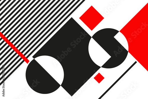 An abstract geometric composition in the style of suprematism and bauhaus, featuring a dynamic arrangement of bold red, black, and white shapes, including circles, squares, and overlapping clean lines