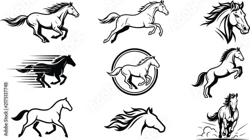 Photography Running horse silhouette vector icon set with galloping stallions jumping steeds
