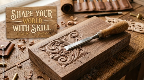 Woodworking craftsmanship with chisel carving intricate patterns and motivational quote 