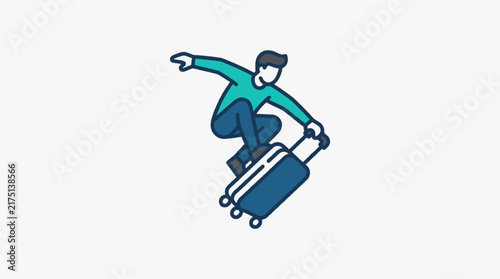 Bild auf Leinwand Minimalist flat vector illustration of a male traveler crouched and surfing on a rolling blue suitcase handle, representing fast travel, airport haste, and creative tourism