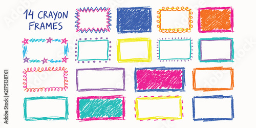 Hand drawn colorful crayon rectangle frames set with textured scribble borders for banners labels and creative design projects