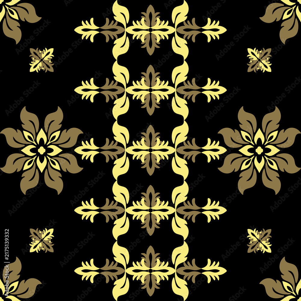 Luxury gold and bronze floral damask seamless pattern vector on black background. Elegant floral scroll ornament motif inspired by vintage royal silk, wallpaper, and upholstery from KawiKan.