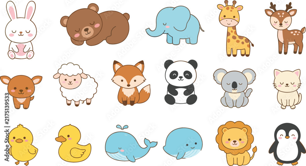 Obraz premium Adorable cartoon baby animal character collection featuring sleeping bear giraffe elephant panda koala whale and penguin stickers