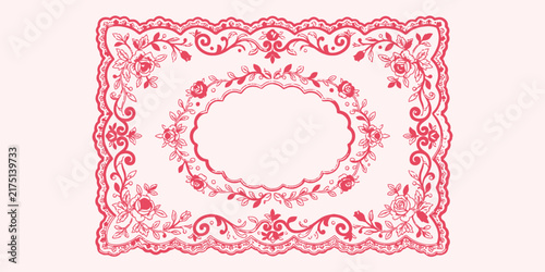 Vintage pink ornate floral lace frame with rose borders and decorative oval wreath for wedding invitation designs