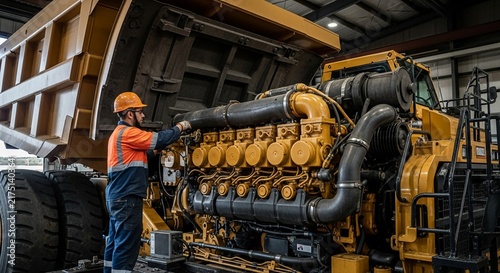 Mining mechanic servicing heavy yellow machinery engine in workshop