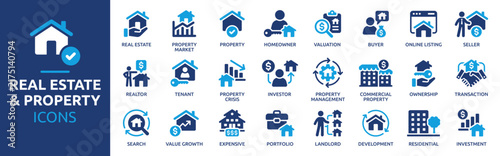 Real Estate and Property Investment Icons Set. Property Market, Realtor, Homeowner, Valuation, Investor, Tenant, Landlord, Residential and Commercial Property Solid Vector Icons Collection