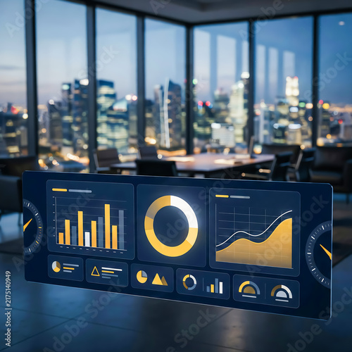 Floating dark user interface dashboard display with financial charts and graphs in modern office with cityscape view