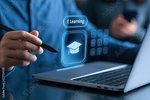 Digital E-Learning Graduation Cap Icon on Laptop Screen with Stylus.