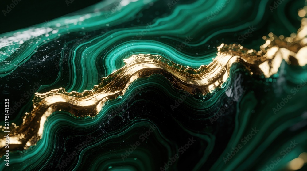 Obraz premium Abstract emerald green malachite texture with luxury gold veins. Fluid wavy lines create organic marble pattern. Shiny metallic gold liquid flows through dark green stone layers. Elegant mineral