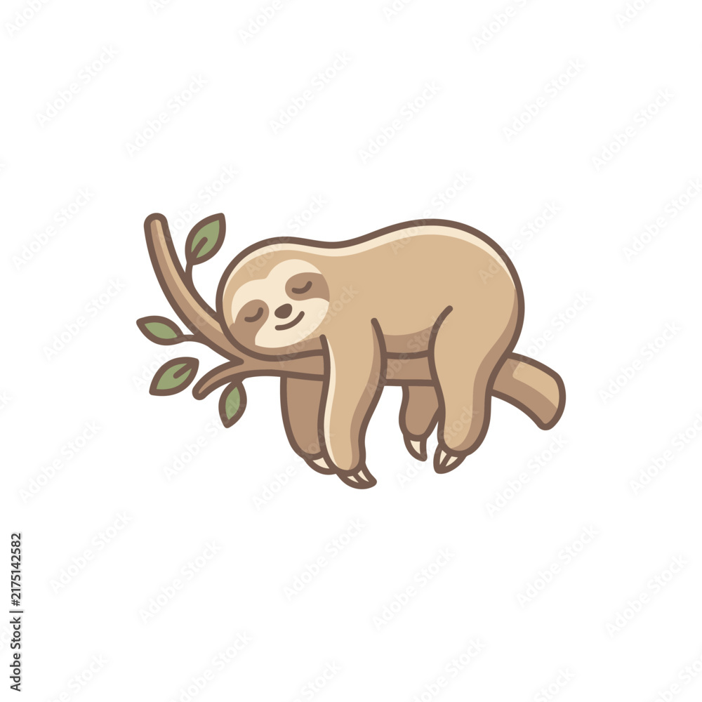 Naklejka premium Cute Sloth Sleeping on a Tree Branch with Leaves, Vector Illustration, Whimsical Character Design