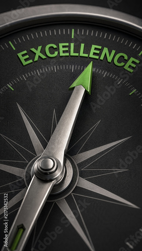 Compass needle pointing towards the word excellence in green letters