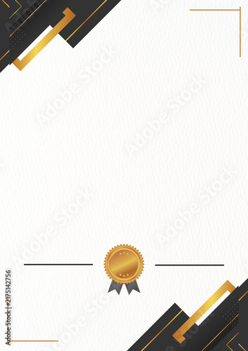 Fotografie Elegant white certificate template with black and gold geometric corner accents, a central gold award seal, and clean lines for formal text