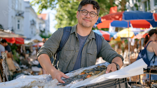 Art conservator at a vibrant open air antique market carefully unwraps a fragile sculpture recovered from a disrupted livestock transport crate, process of condition assessment captured mid action, 