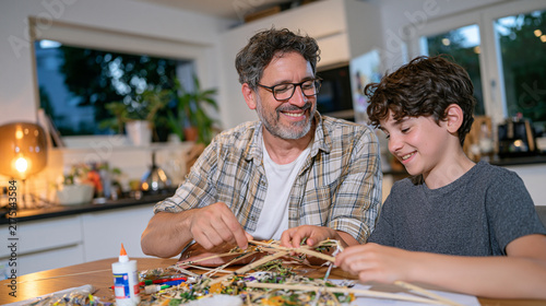 Grandfather and grandchild build wooden kite frame together at warm kitchen table, glue and balsa strips spread across surface, lamp casting amber glow, intergenerational craft evening, back to scho