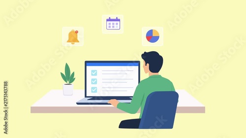 Modern flat vector animation showing a person working on a laptop with a task management interface and floating notification, calendar, and analytics icons, representing productivity, planning, and di