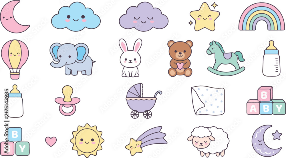 Obraz premium Sweet newborn nursery illustration pack with soft pastel clouds rainbow teddy bear blocks bottles and nursery animal characters