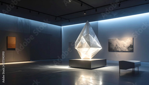 A modern geometric sculpture suspended in a dimly lit gallery with blue-toned walls and minimalist display furniture.