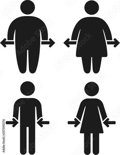 Healthy weight and obesity icon set. Man and woman silhouette with arrows showing weight gain and weight loss. Simple flat vector symbols.