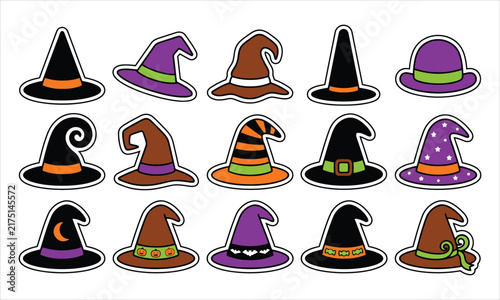 Assorted black and purple witch hat stickers for autumn holidays