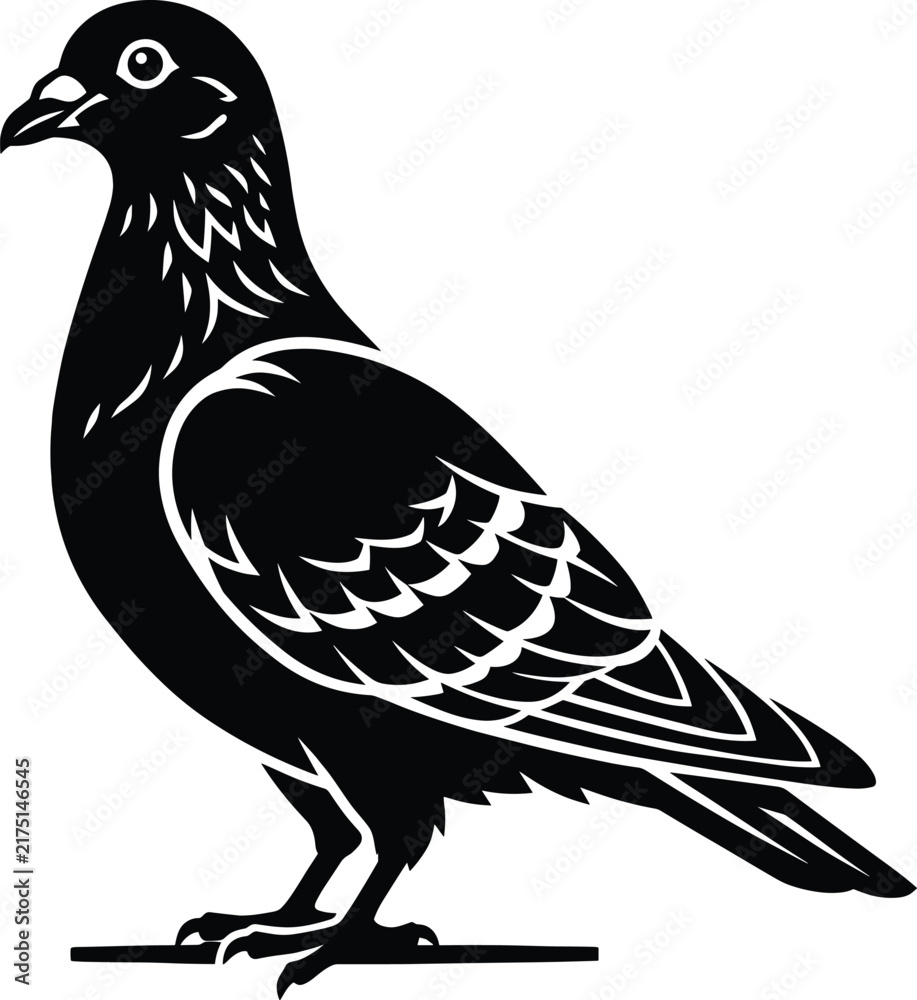 Fototapeta premium Minimalist black and white vector silhouette of a pigeon bird standing in profile isolated on white background