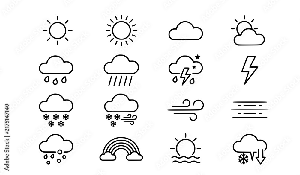 Obraz premium Weather forecast black monoline vector icon collection isolated on white