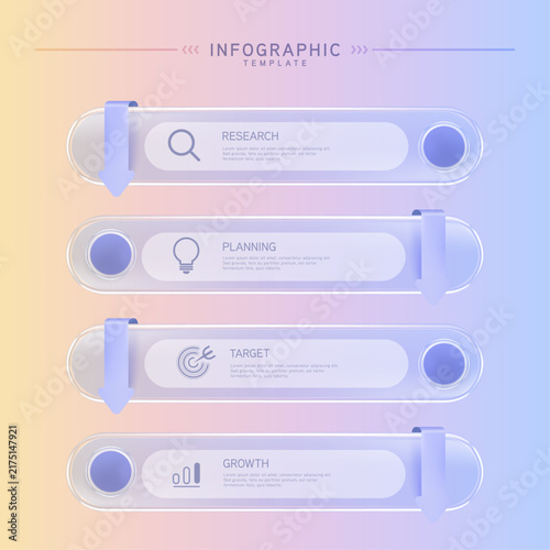 Infographic labels with icons and Neomorphism 4 step. Liquid glass and Banner. Vector illustration.