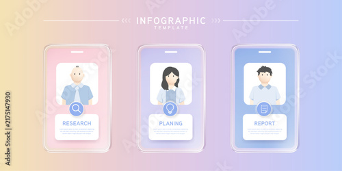 Infographic labels with icons and Neomorphism 3 step with team, colleague, manager, cooperation icons. Liquid glass and Banner. Vector illustration.