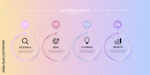 Infographic labels with icons and Neomorphism 4 step. Liquid glass and Banner. Vector illustration.