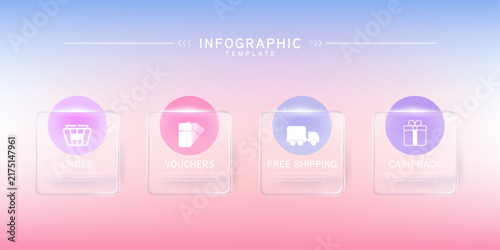 Infographic labels with icons and Neomorphism 4 step. Liquid glass and Banner. Vector illustration.