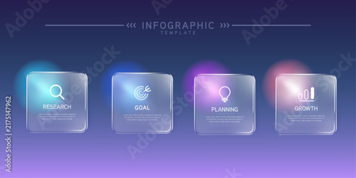 Infographic labels with icons and Neomorphism 4 step. Liquid glass and Banner. Vector illustration.