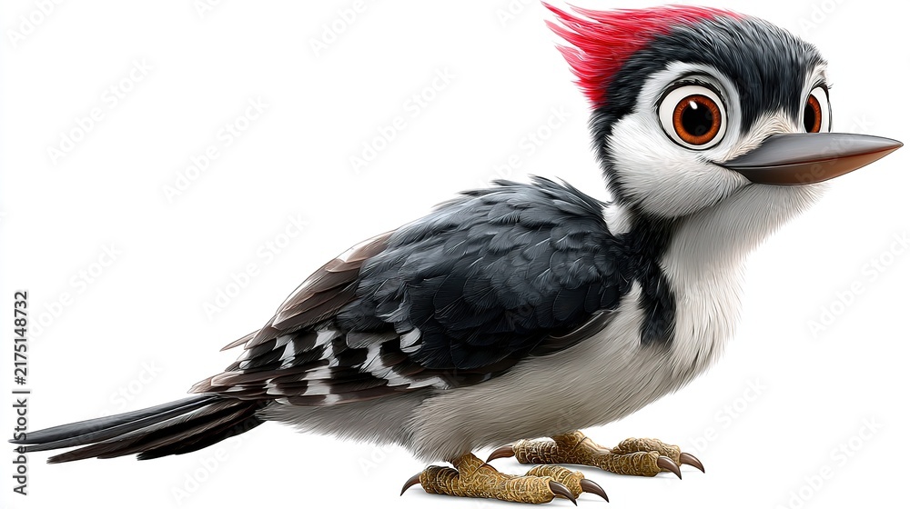 Fototapeta premium Cartoon Woodpecker Ready to Work: A whimsical cartoon woodpecker with striking red crest, wide eyes, and sharp beak stands alert, ready to peck away.