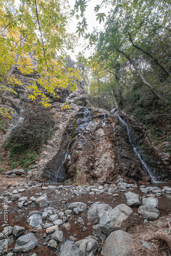 View of Hantara (Chantara) Waterfall, lower level in summer, can be seen on the river Dhiarizis, north of the village of Foini, Troodos Mountains, Limassol district, Cyprus 
