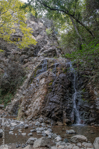 View of Hantara (Chantara) Waterfall, lower level in summer, can be seen on the river Dhiarizis, north of the village of Foini, Troodos Mountains, Limassol district, Cyprus 