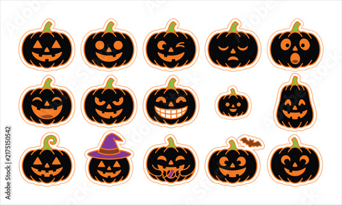 Set of dark halloween pumpkin stickers with carved spooky faces