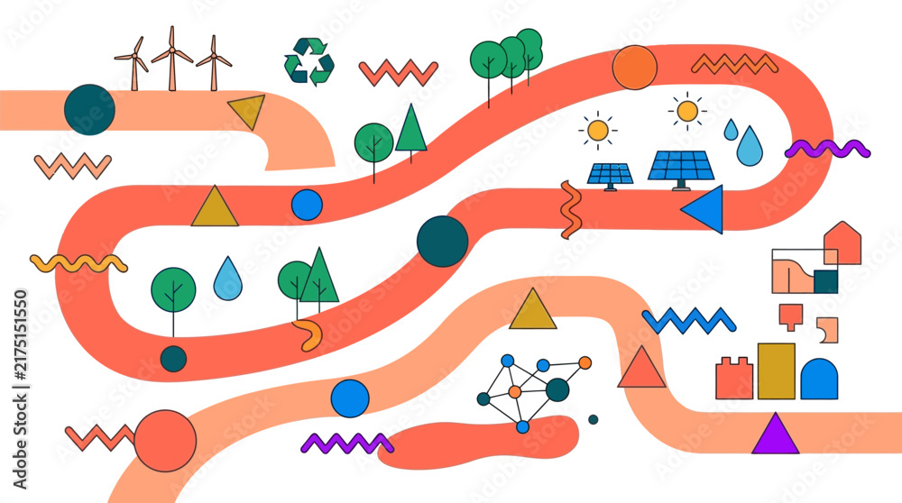 Naklejka premium Abstract sustainability roadmap vector illustration with renewable energy icons