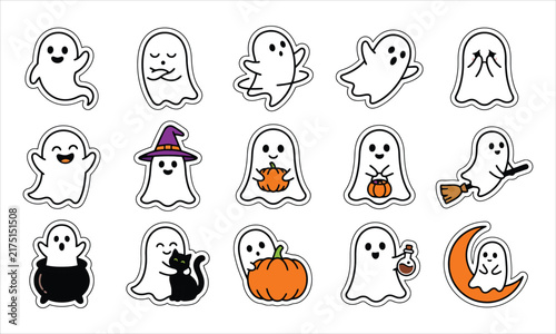 Cute white halloween ghost stickers collection with various poses