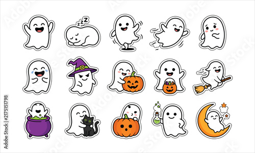 Adorable halloween ghost stickers set featuring playful expressions