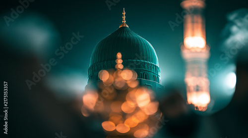 Prophet's Mosque Green Dome Night Bokeh Lights Photography