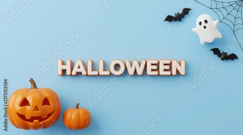 A festive happy halloween background featuring carved pumpkins and cute ghosts on a soft blue surface for holiday celebration